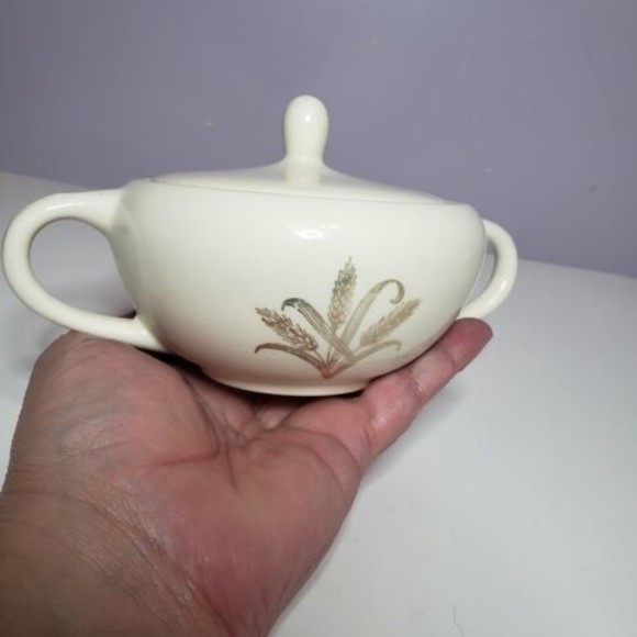 Sugar Bowl w Lid Wheat Pattern Gold Gild Handles Creme / Off White ( 2.25 ×7" ) - Picture 10 of 15